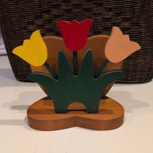 Hand Crafted Wooden Tulip Flower Napkin Letter Holder Country Vintage